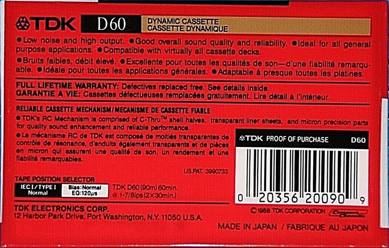 Compact Cassette TDK D 60 Type I Normal 1988 North America
