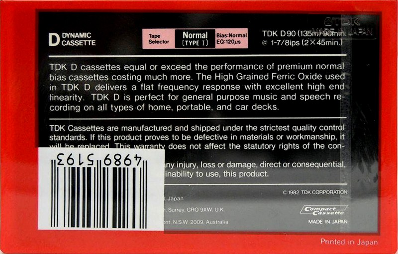 Compact Cassette TDK D 90 Type I Normal 1982 Australia, Europe