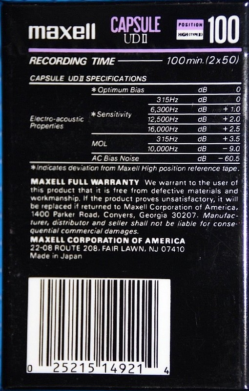 Compact Cassette Maxell Capsule II 100 "UDII" Type II Chrome 1991 USA