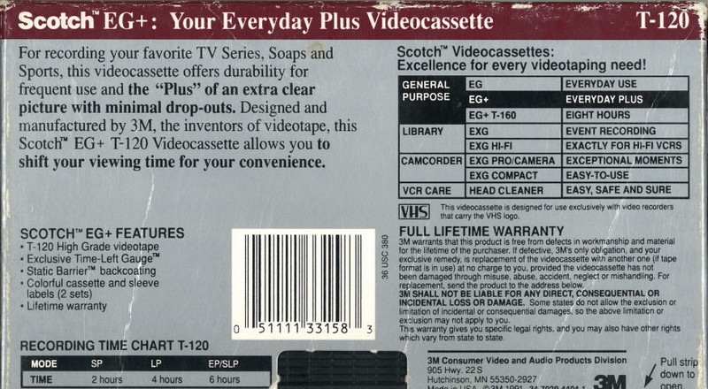 VHS, Video Home System Scotch EG+ 120 Type I Normal 1991 USA