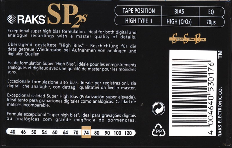 Compact Cassette RAKS SP 2s 74 Type II Chrome 1998 Europe