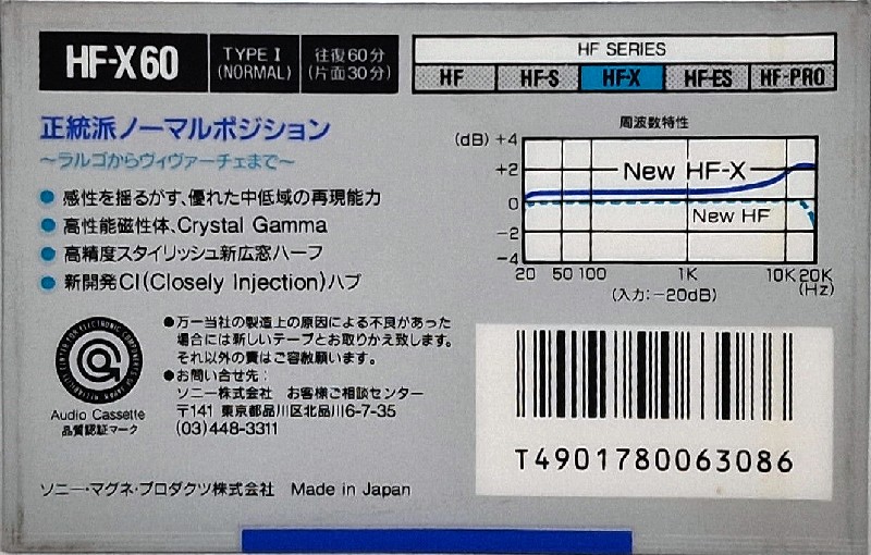Compact Cassette Sony HF-X 60 "HF-X 60A" Type I Normal 1988 Japan