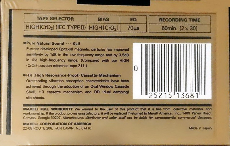 Compact Cassette Maxell XLII 60 Type II Chrome 1988 USA