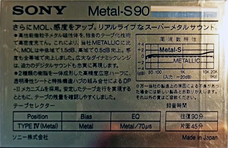 Compact Cassette Sony Metal-S 90 Type IV Metal 1985 Japan