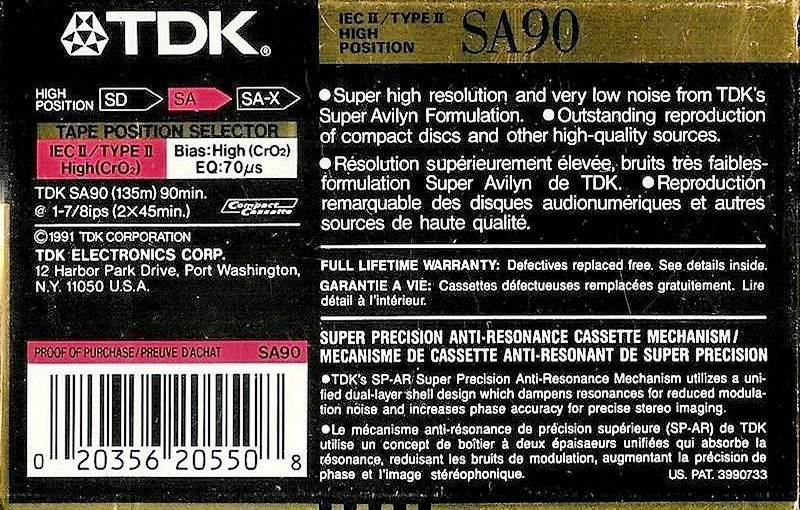 Compact Cassette TDK SA 90 "SA90" Type II Chrome 1991 North America