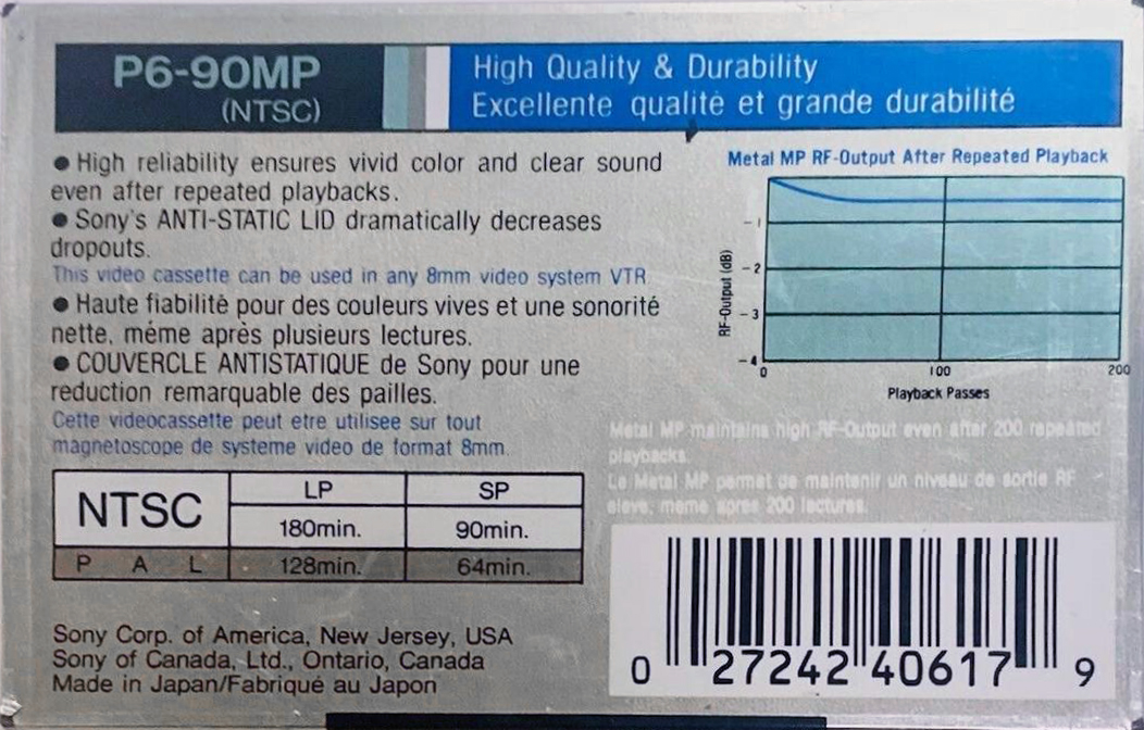 Video8, Hi8, Digital8 Sony MP 90 "Video8 P6-90MP" Type IV Metal North America