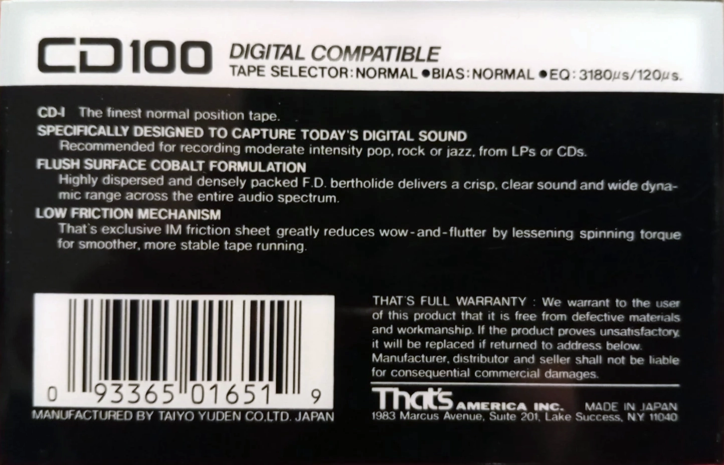 Compact Cassette Thats CD 100 "CD-I" Type I Normal 1987 USA