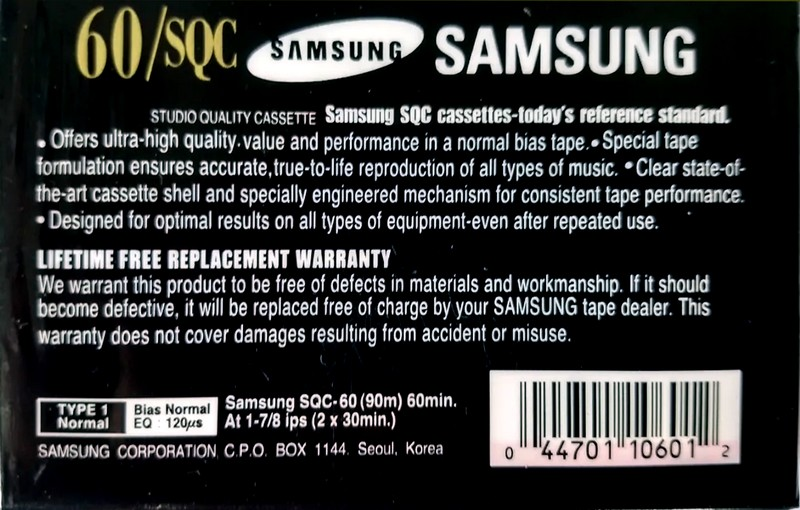 Compact Cassette Samsung SQC 60 Type I Normal 1996 North America