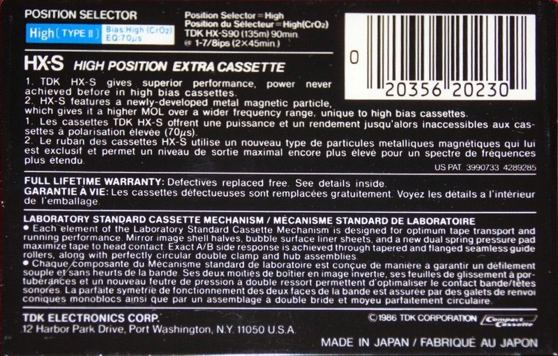 Compact Cassette TDK HX-S 90 Type II Chrome 1986 North America