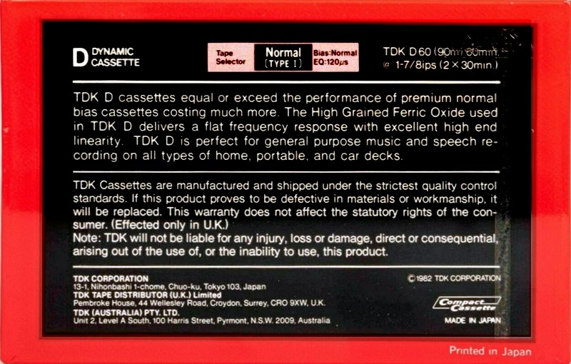 Compact Cassette TDK D 60 Type I Normal 1982 Australia, Europe