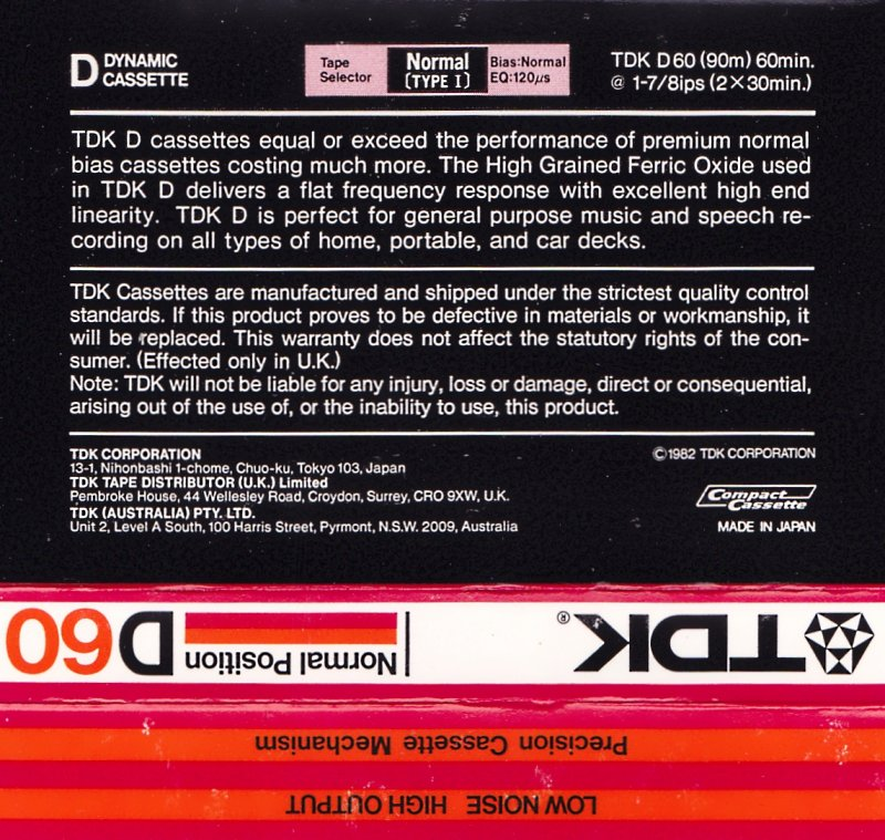 Compact Cassette TDK D 60 Type I Normal 1982 Australia, Europe