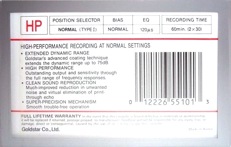 Compact Cassette Goldstar HP 60 Type I Normal 1986 USA