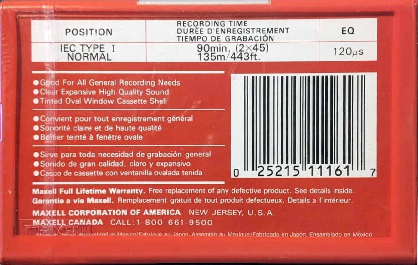 Compact Cassette Maxell UR 90 Type I Normal 1992 North America