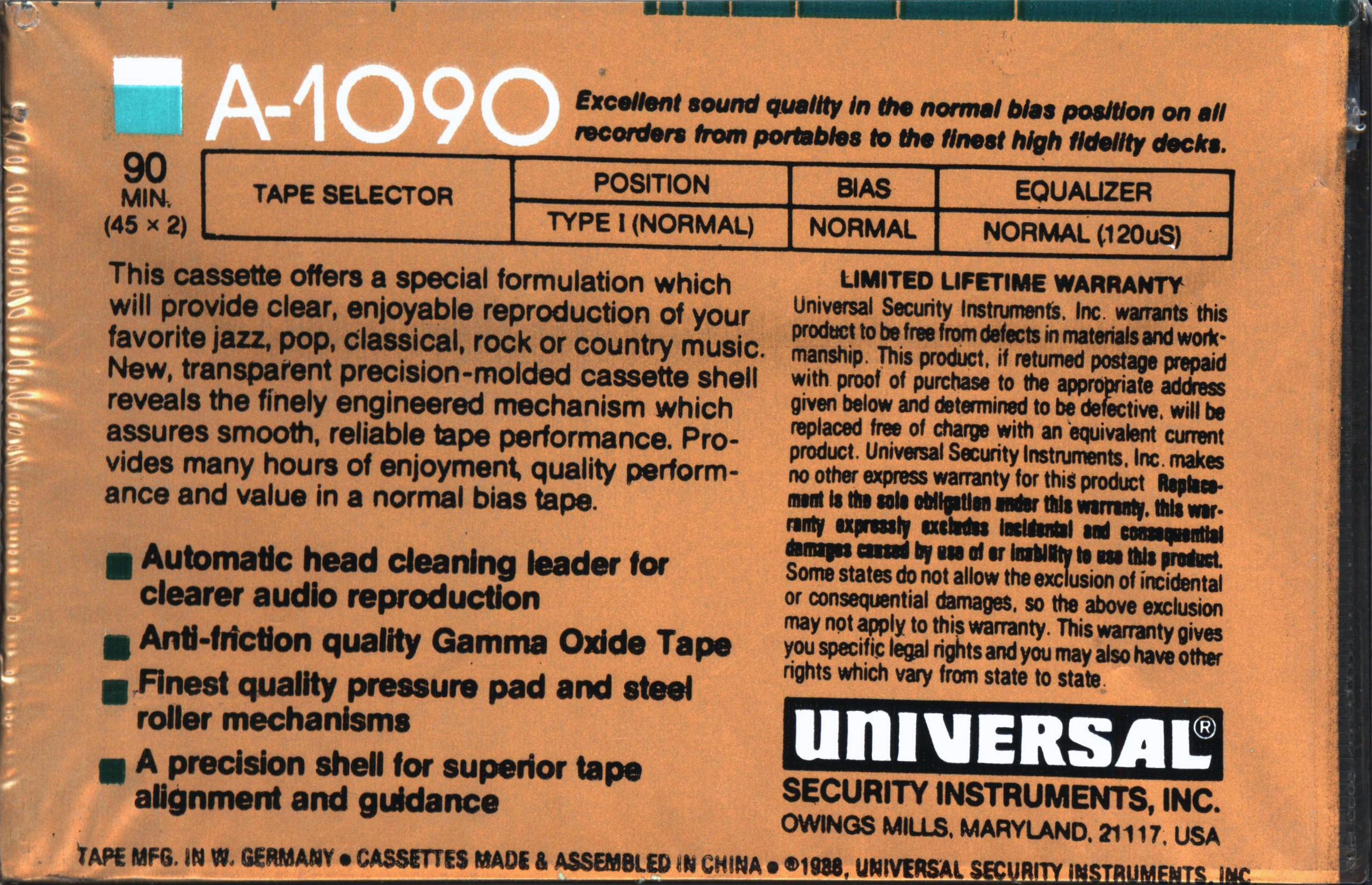 Compact Cassette Universal 90 "A-1090" Type I Normal 1988 USA