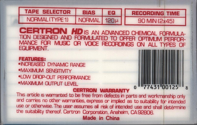 Compact Cassette Certron HD 90 Type I Normal China