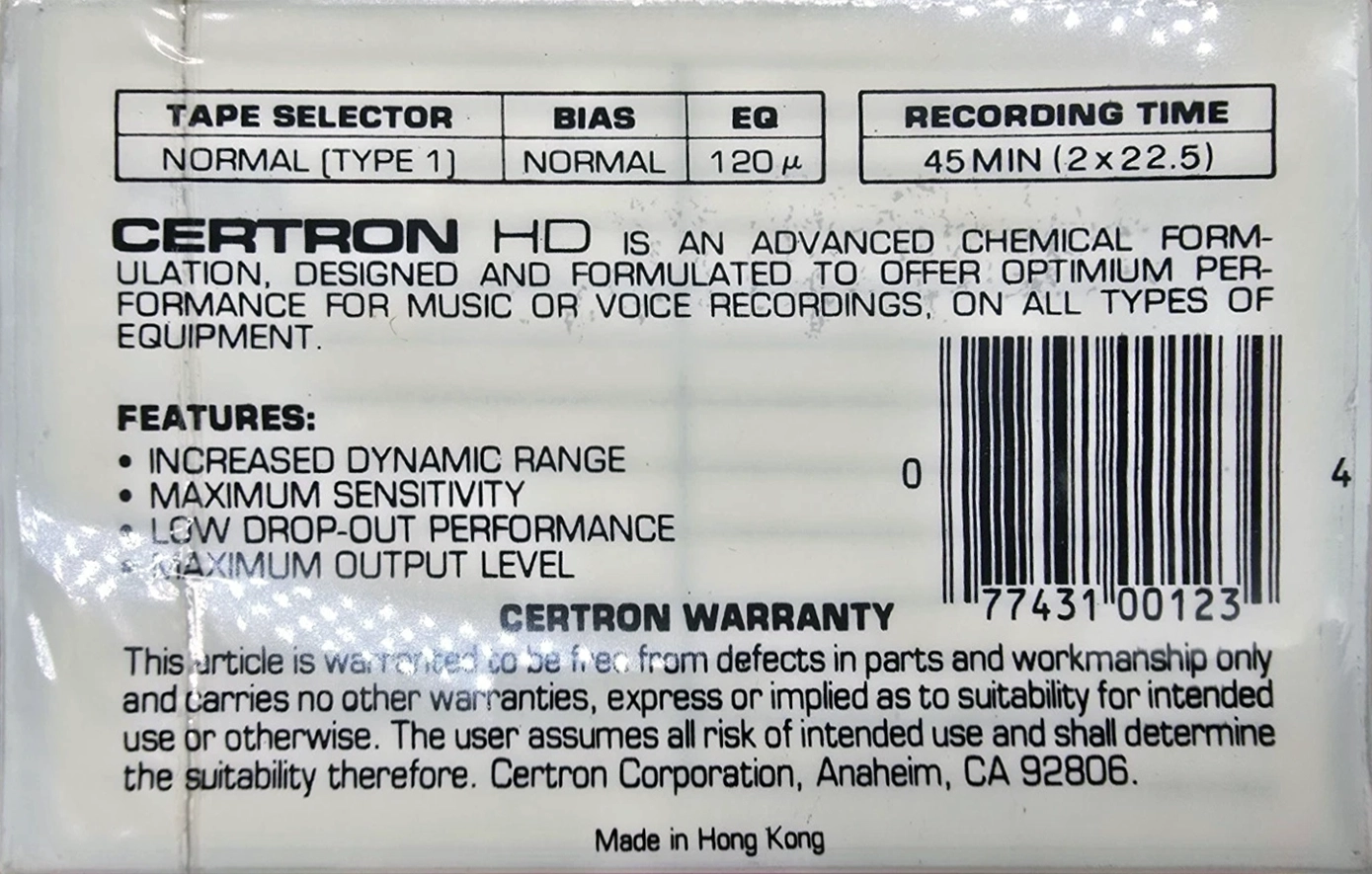 Compact Cassette Certron HD 45 Type I Normal 1986 USA