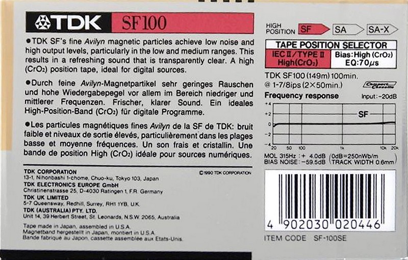 Compact Cassette TDK SF 100 "SF-100SE" Type II Chrome 1990 Australia, Europe