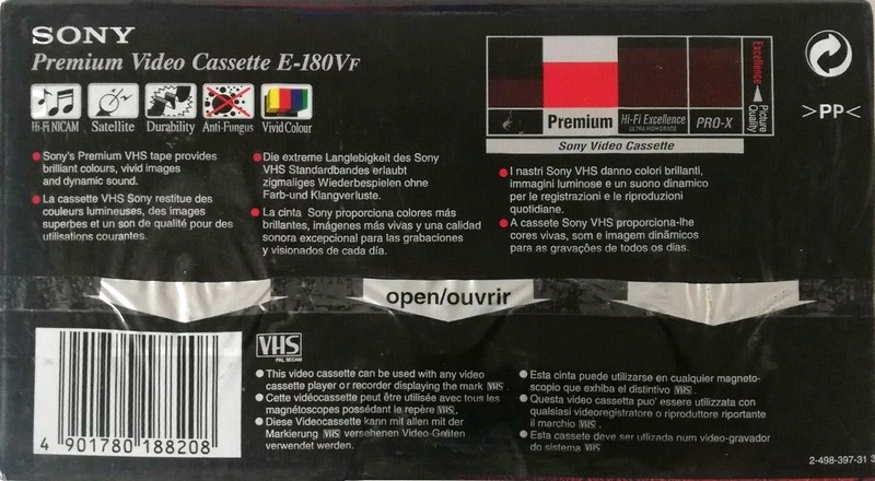 VHS, Video Home System Sony Premium 180 "E-180VF" Type I Normal 1996 Europe