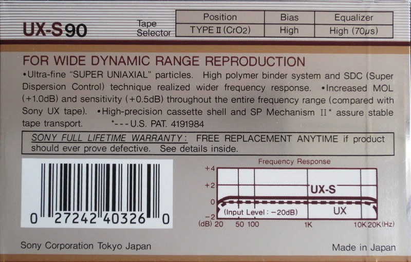 Compact Cassette Sony UX-S 90 Type II Chrome 1986 USA