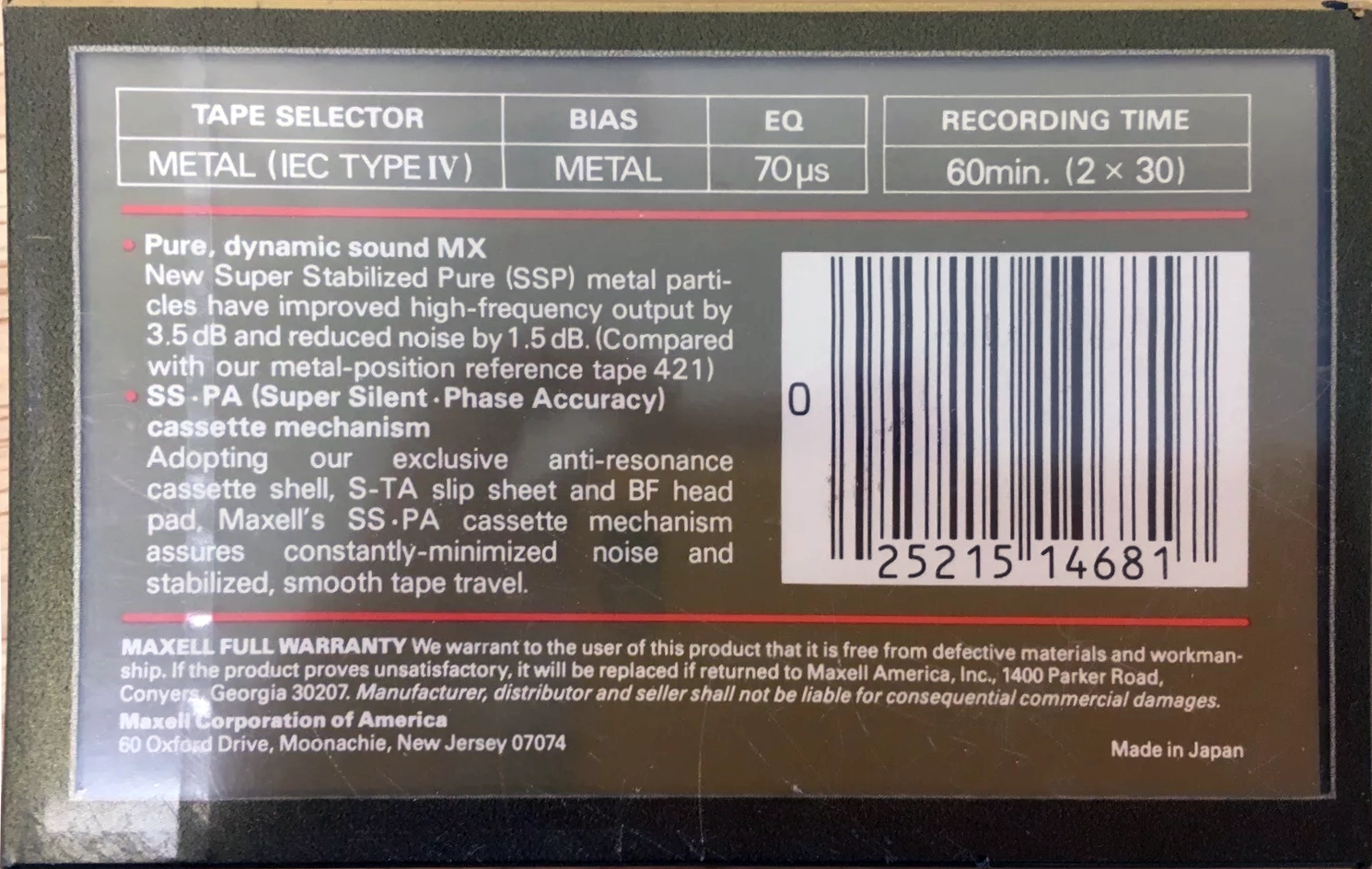 Compact Cassette Maxell MX 60 Type IV Metal 1986 USA