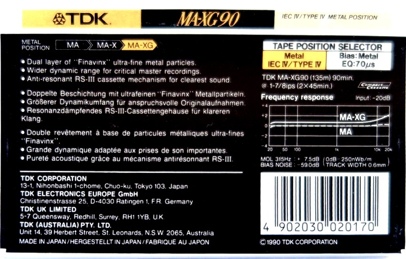 Compact Cassette TDK MA-XG 90 Type IV Metal 1990 Australia, Europe