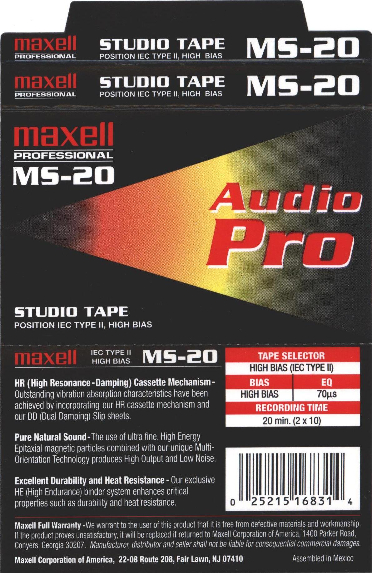 Compact Cassette Maxell MS 20 "Audio Pro" Type II Chrome 1997 USA