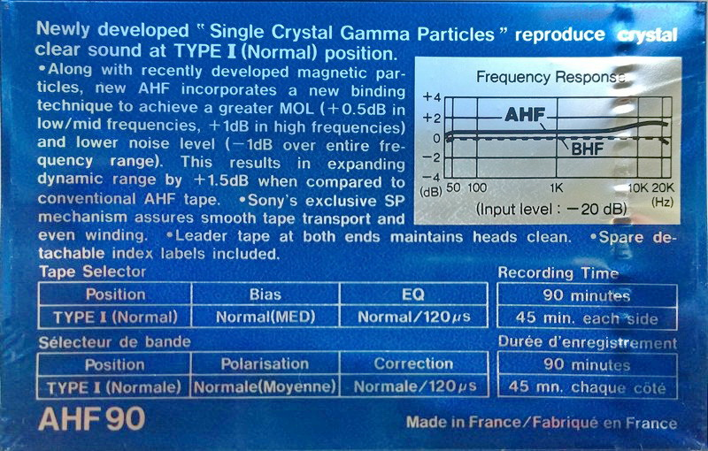Compact Cassette Sony AHF 90 Type I Normal 1982 North America