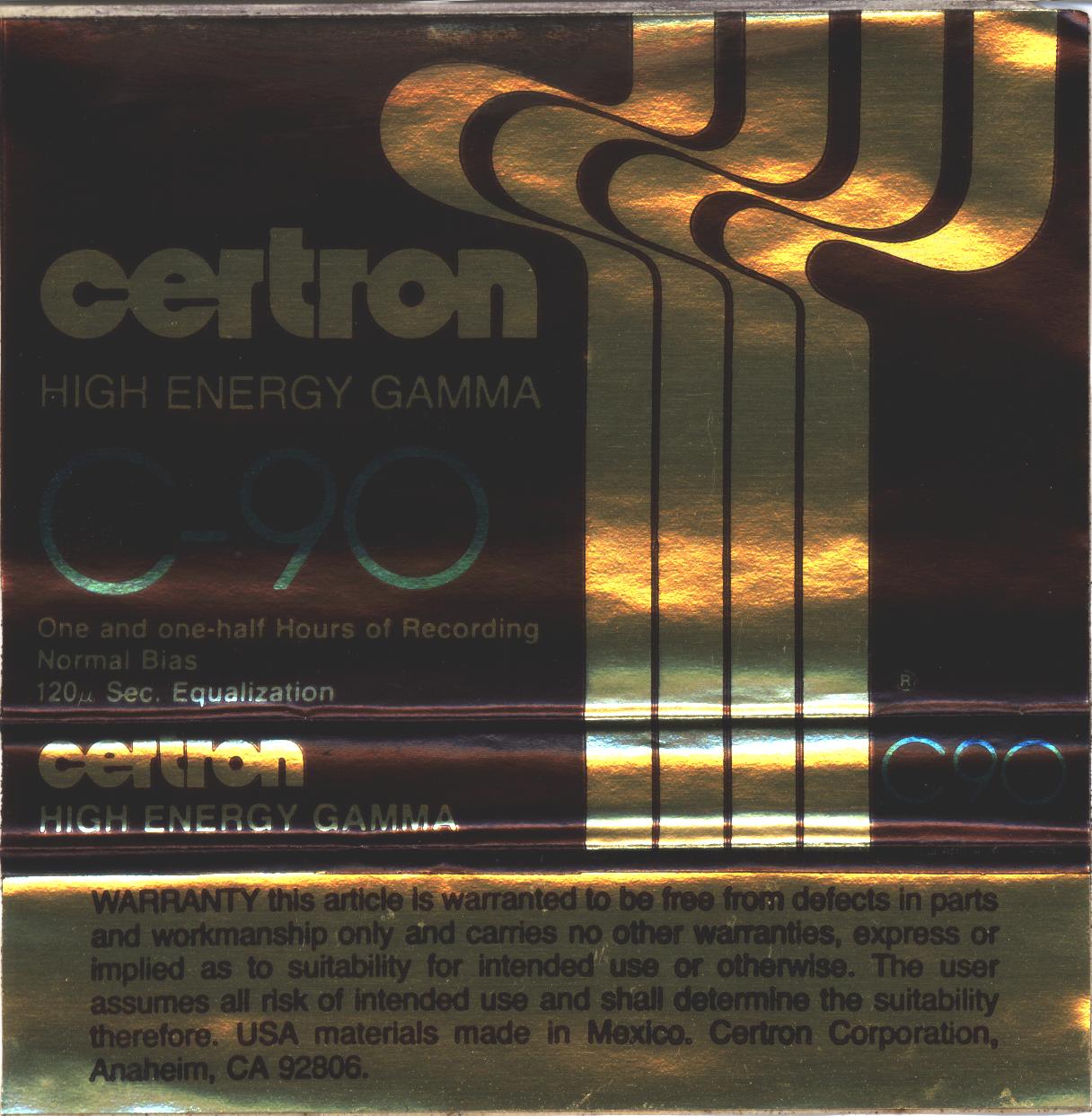 Compact Cassette Certron HE 60 "HIGH ENERGY GAMMA" Type I Normal 1978 USA