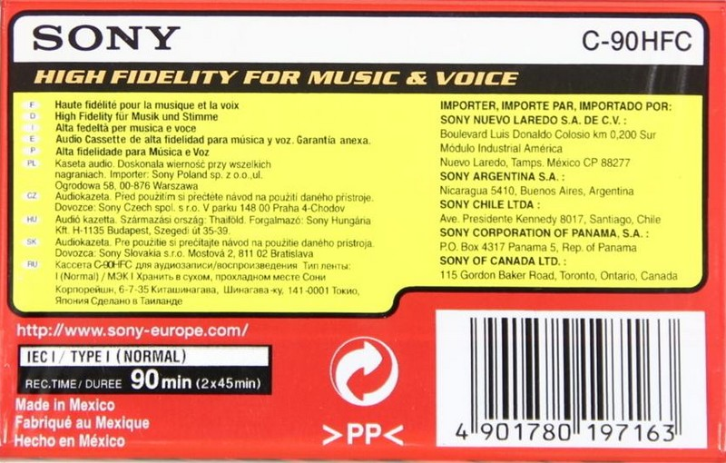 Compact Cassette Sony HF 90 "C-90HFC" Type I Normal 2002 Europe