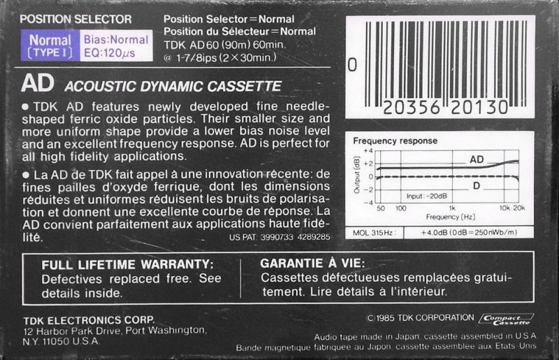 Compact Cassette TDK AD 60 Type I Normal 1985 North America
