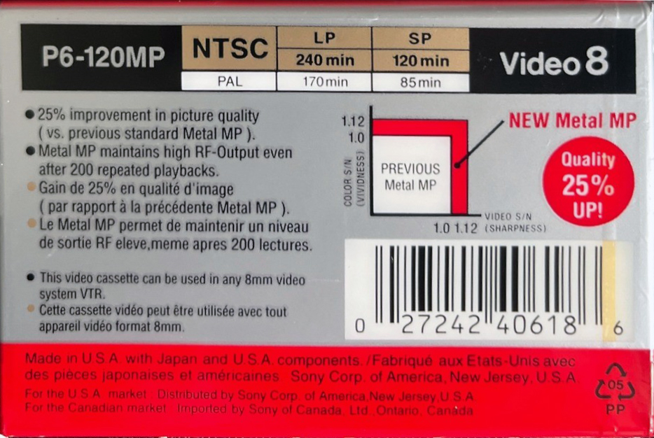 Video8, Hi8, Digital8 Sony MP 120 "P6-120MP" Type I Normal 1995 North America