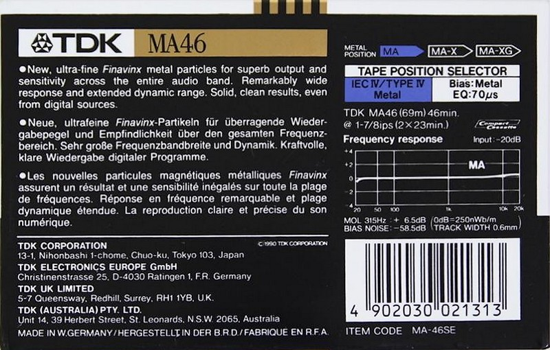 Compact Cassette TDK MA 46 "MA-46SE" Type IV Metal 1990 Europe