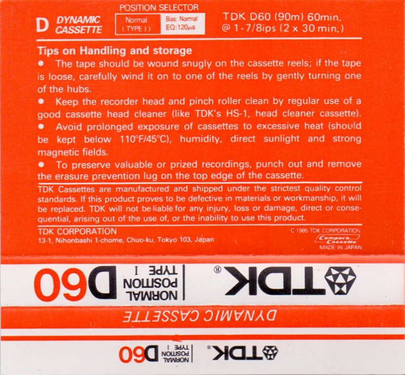 Compact Cassette TDK D 60 Type I Normal 1985 USA