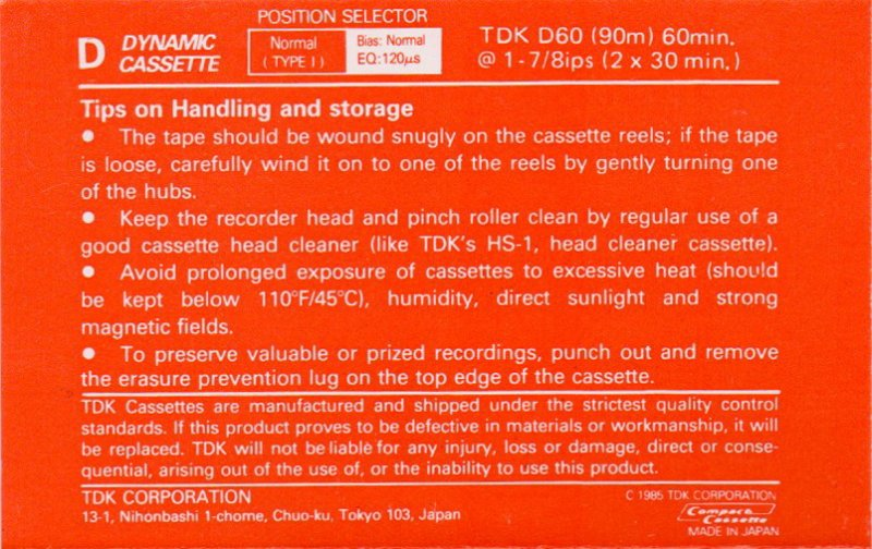 Compact Cassette TDK D 60 Type I Normal 1985 USA
