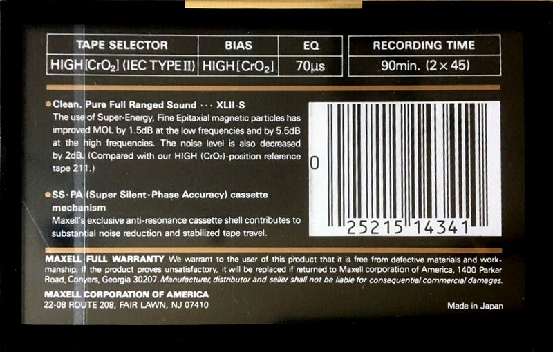 Compact Cassette Maxell XLII-S 90 Type II Chrome 1988 USA