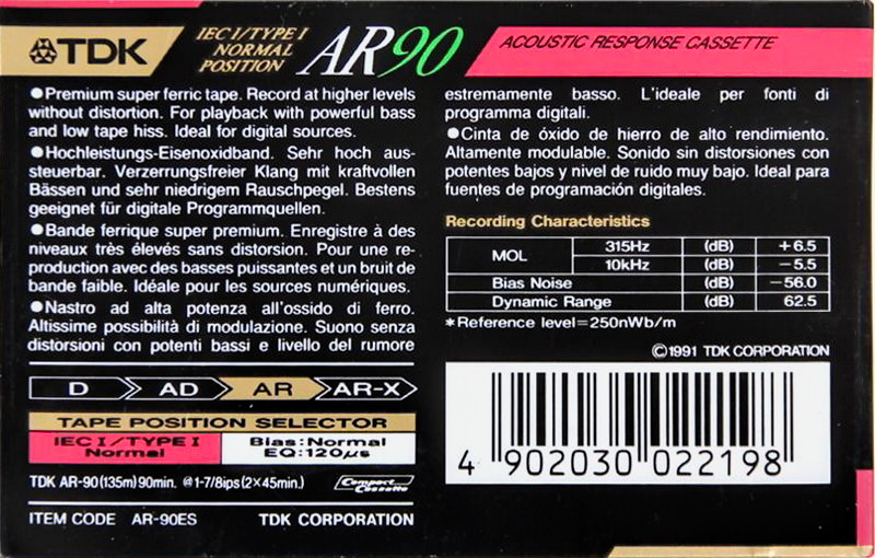 Compact Cassette TDK AR 90 "AR-90ES" Type I Normal 1990 Europe