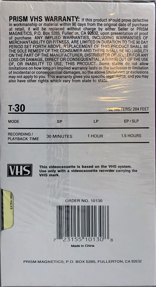 VHS, Video Home System Prism 30 Type I Normal 1991 USA