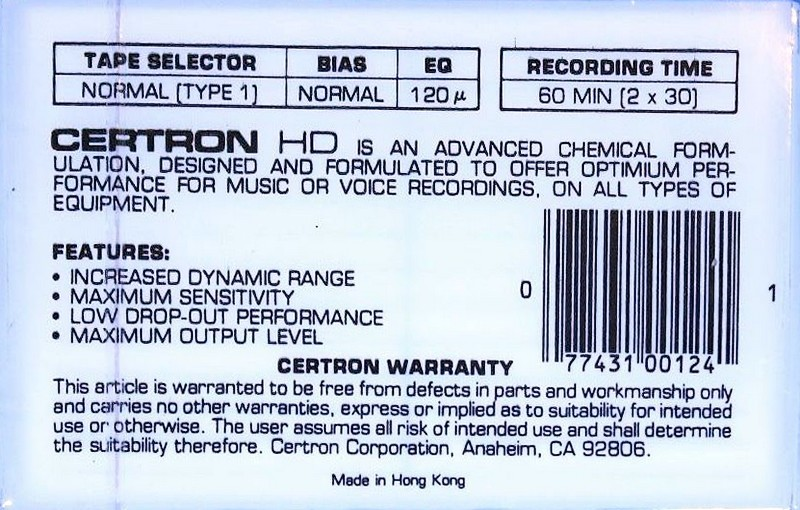 Compact Cassette Certron HD 60 Type I Normal 1976 Hong Kong