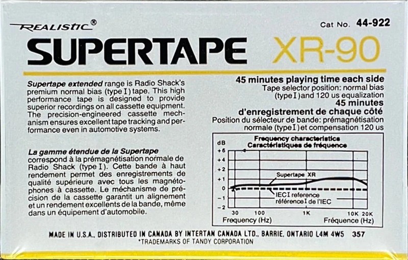 Compact Cassette SUPERTAPE XR 90 "44-922" Type I Normal 1988 Canada
