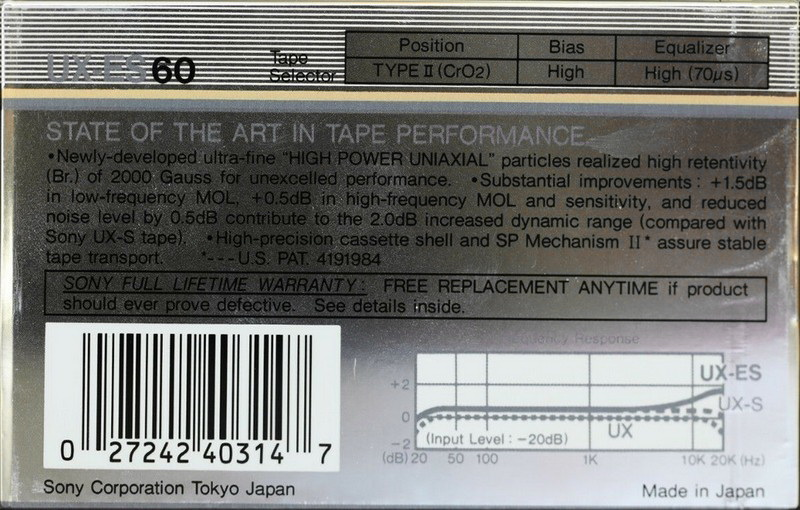 Compact Cassette Sony UX-ES 60 Type II Chrome 1986 USA