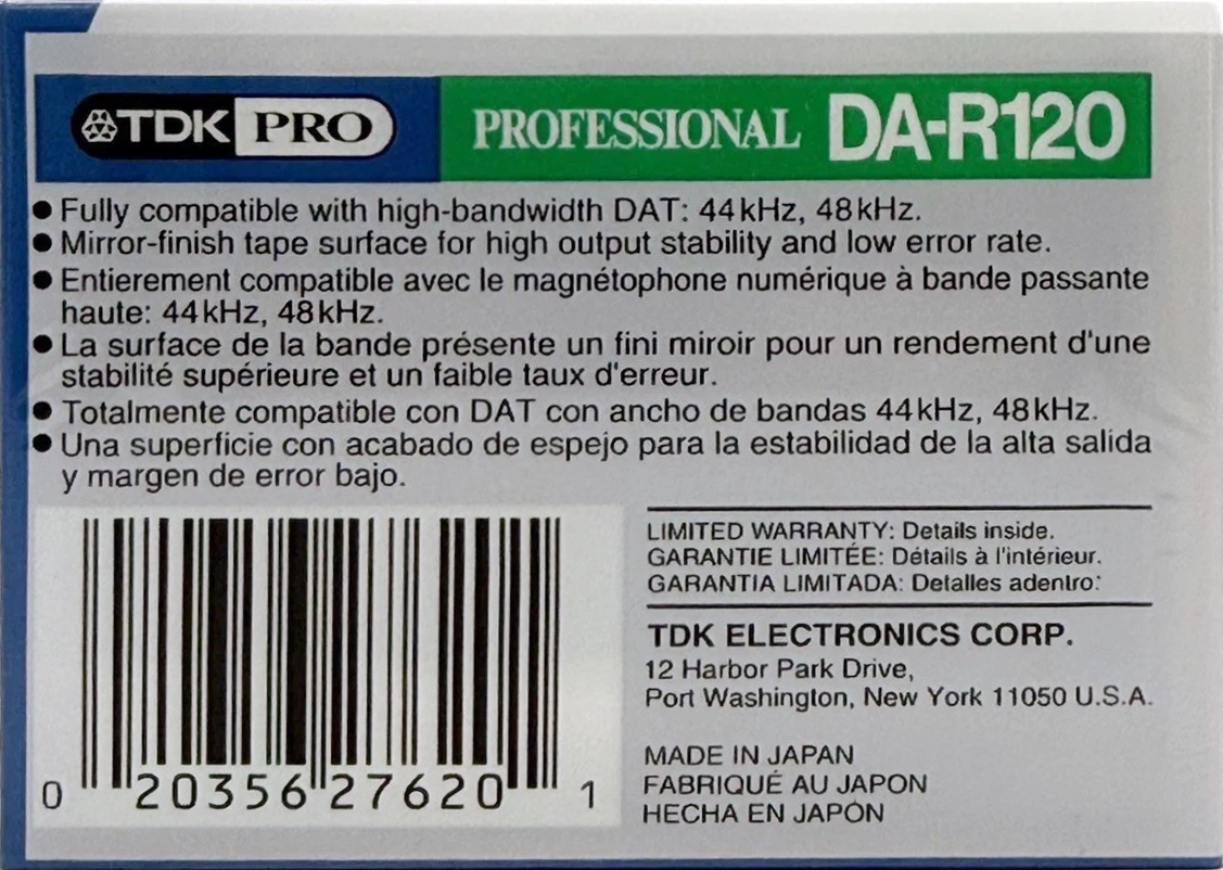 Digital Audio Tape TDK 120 "DA-RPRO120AX" Type IV Metal 1996 North America