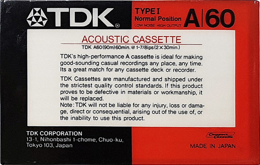 Compact Cassette TDK A 60 Type I Normal 1986 USA