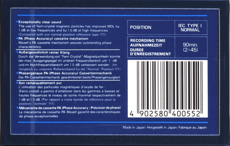 Compact Cassette Maxell UDI / UD1 90 Type I Normal 1985 Europe