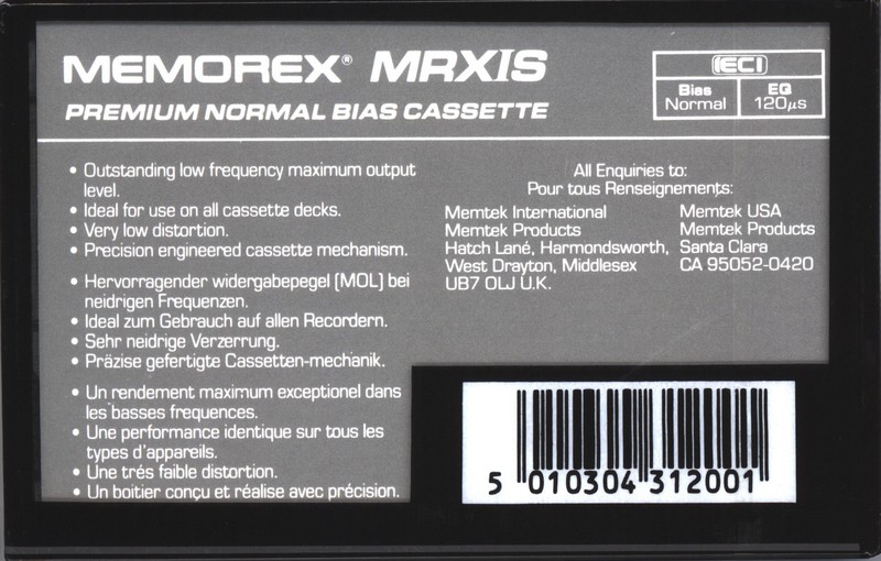 Compact Cassette Memorex MRX IS 90 Type I Normal 1987 Europe