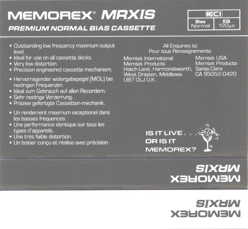 Compact Cassette Memorex MRX IS 90 Type I Normal 1987 Europe