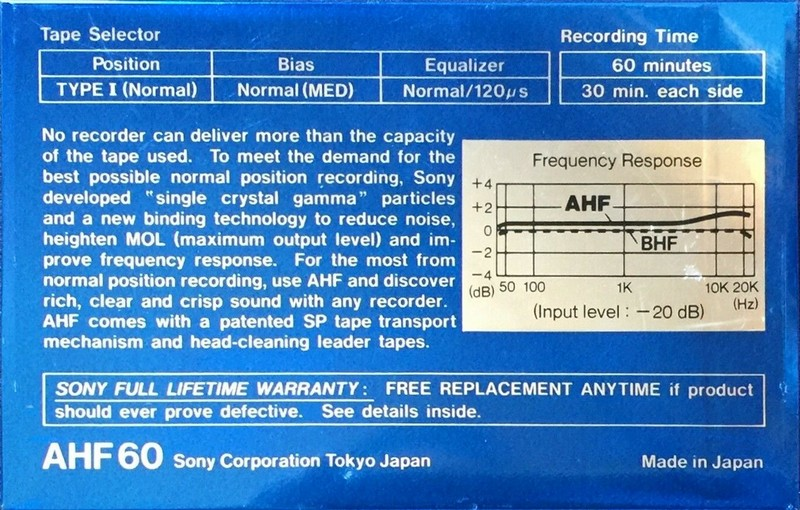 Compact Cassette Sony AHF 60 Type I Normal 1982 USA