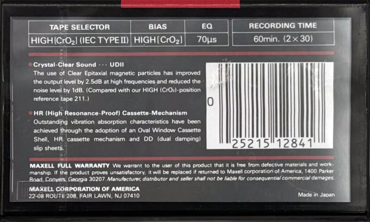 Compact Cassette Maxell UDII / UD2 60 Type II Chrome 1992 USA