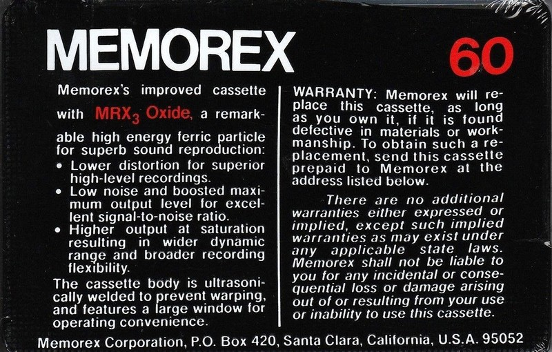 Compact Cassette Memorex MRX3 Oxide 60 Type I Normal 1978 USA
