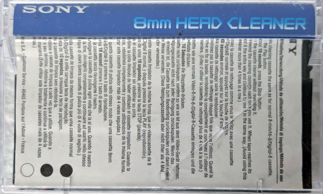 Video8, Hi8, Digital8 Sony "V8-25CLD" Cleaning Cassette Europe
