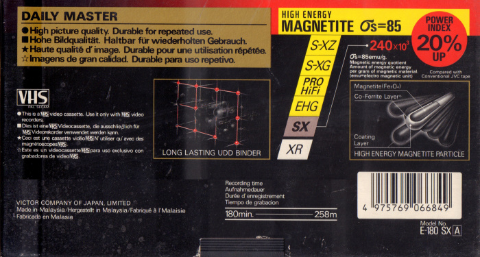VHS, Video Home System JVC SX 180 "E-180 SX A" Type I Normal 1995 Europe